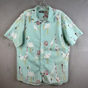 ambsn Flamingo Print Shirt Mens L Aqua Cotton Short Sleeve Button Up